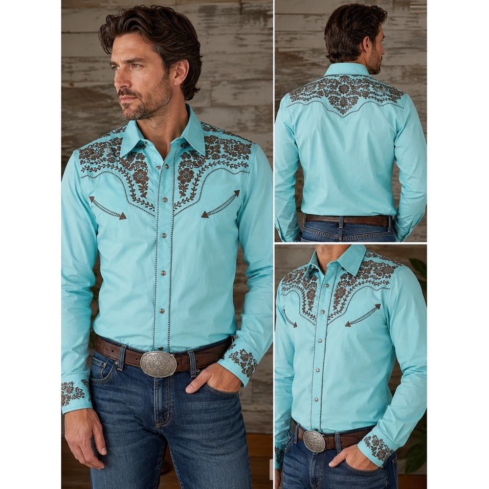 Salvaje Oeste Men's M Regular Cotton/Poly Blue Floral Western Snap Button-Up